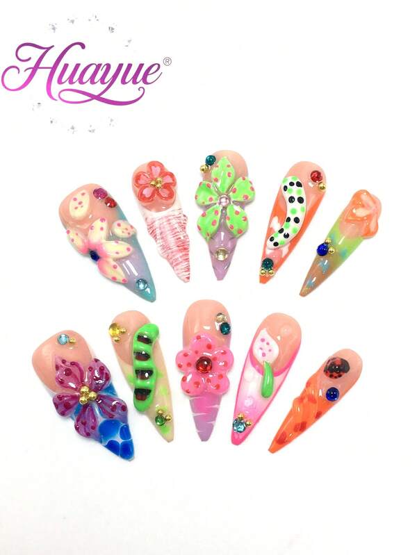 10 pares de saltos altos de 3,3 cm, artesanais, unhas postiças, acessórios para unhas, unhas de verão, unhas longas de acrílico, estrelas do mar, conchas, conchas, praia, joaninhas, algas marinhas, baleias, ervas marinhas, ondas, verão, estilo francês, pérolas artificiais, strass, cola de modelagem tridimensional esculpida em 3D e versátil