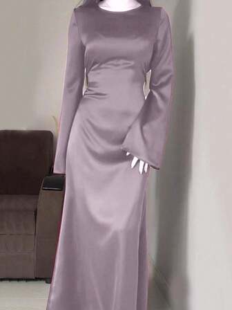 Women's Round Neck Flare Sleeve Tie-Waist Elegant Arabic Style Dress