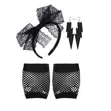 5pcs 80s Neon Color Sexy Short Fishnet Gloves, Earrings, Lace Headband, Retro Costume Accessories For Cosplay, Party, Masquerade Ball Halloween - Multicolor - View 3