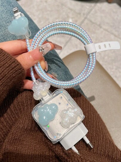 5 Stücke/Set 3D Wolken Design Kabel Schutz, kompatibel mit europäischer Version 20W Ladegerät Adapter, geeignet für iPhone11/12/13/14/15/16 Pro Max Datenkabel Anti-Knicken, Datenkabel Fixierer, Anti-Bruch Kabel, TPU Ladekopf Schutz