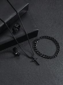 3pcs/Set Simple Black Cross Design Men's Fashion Jewelry Set: Necklace, Bracelet, Ring Fathers Day Gift School Jewelry Men Y2k Accessories Goth Men's Chains Jeans Accessories Gothic Jewellery Back To School Street Halloween Accessories Punk