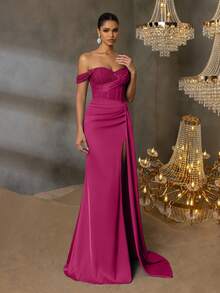 Elisanya Elegantes, anspruchsvolles Satin-Maxikleid mit asymmetrischem Schnitt, paillettenbesetzter Schulter und hochgeschlitztem Fischgrät-Saum in Taillenhöhe | Dramatischer Abendlook - Heißes Pink - Übersicht 7