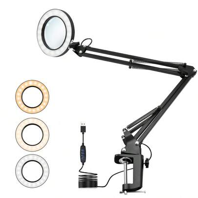 Magnifying Glass Desk Lamp With Clamp 3 Color Modes 10 Levels Dimmable Adjustable Swivel Arm For Reading Rework Craft Workbench