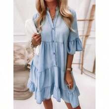 Women's Dresses Button Denim Midi Half Flared Sleeve V Neck Layered Casual Flowy Beach Jeans Shirt Dresses
