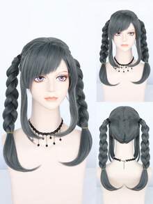 Perruque tressée synthétique résistante à la chaleur, cheveux droits avec 2 nattes, perruque de cosplay d'anime pour costume d'Halloween, pré-coiffée et prête à porter avec 2 longues queues de cheval, style de mode classique au look naturel, haute densité, sans colle et confortable, cheveux résistants à la haute température - Multicolore - Voir 12