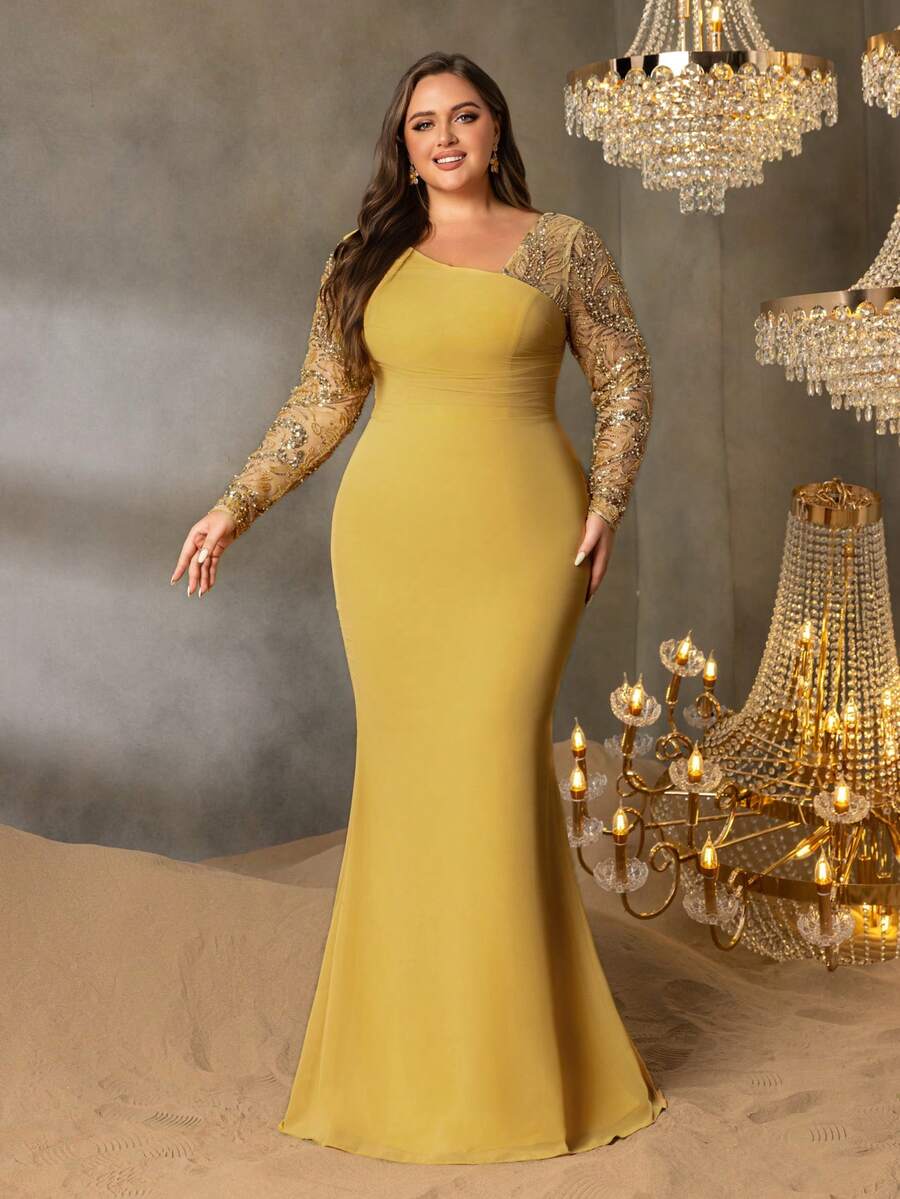 Faeriesty Curve Plus Elegant Chiffon Evening Gown With Beaded Sheer Sleeves - Fitted Mermaid Silhouette With Floor-Length Skirt, Perfect For Bridal Receptions, Red Carpet Galas, And Award Ceremonies