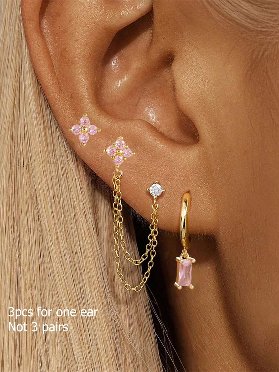 3Pcs Exquisite Hoop Earring Stud Sets For Women Flower Cartilage Piercing Earrings Fashion Jewelry, Hypoallergenic Gold Pink Dangle Earrings Dainty Small Long Chain Earring - Gold-powder - View 1