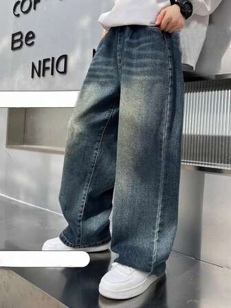 Jeans rectos de pierna suelta con diseño de bolsillo para niños preadolescentes