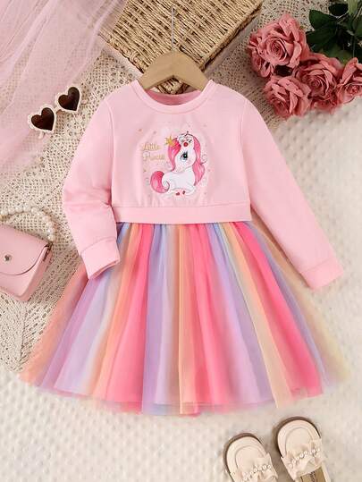 年轻女孩可爱卡通独角兽图案彩色网眼连衣裙，长袖圆领，时尚公主派对连衣裙，适合休闲、度假、派对和日常穿着，秋冬