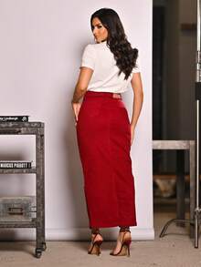 Women's Long Denim Skirt With Front Opening And Elastane Paris Collection - 紫紅色 - 查看 4