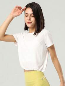 女士提花圆领宽松可调节抽绳运动健身上衣速干瑜伽上衣T恤 - 白色 - 查看 6