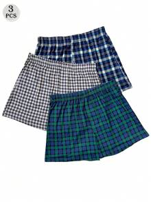 3 szt. Kraciaste, luźne, oddychające bokserki, elastyczny pas, wygodne, swobodne bokserki dla mężczyzn