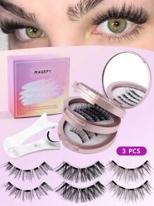 MAGEFY 3 pares de pestañas magnéticas con rizo CC de aspecto natural, reutilizables, con aplicador + recortador de cejas + rizador de pestañas, sin necesidad de pegamento, set de pestañas magnéticas