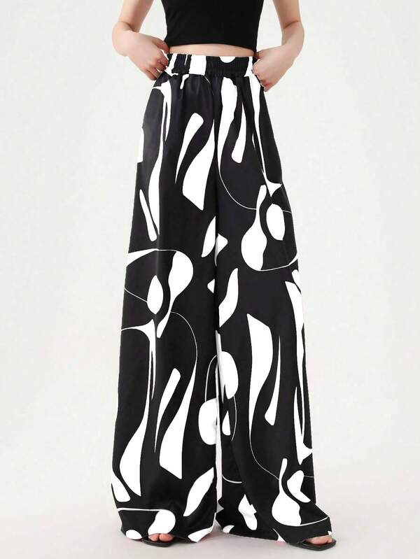 Women's Fashion Casual Contrast Color Print Wide-Leg Pants