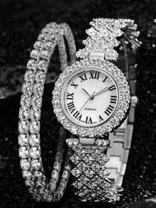 2pcs Women's Fashionable And Casual Quartz Watch, Round Luxury Full Diamond Watch, Paired With Diamond Studded Bracelet Jewelry Combination Set, Suitable For Daily Wear, Festivals And Parties, The Best Gift For Women.