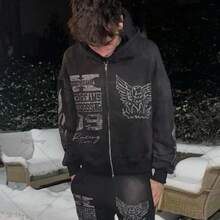 Zip Up Hoodie Grunge Jackets Streetwear Y2k Unisex Emo Vintage 2000s Outerwear Oversized Graphic Hoodies Star RapperChristmas - 黑色 - 查看 8