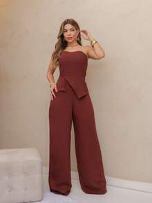 Women's Strapless Jumpsuit With Back Zipper And Button Details/Y009 - màu nâu - Xem 1