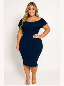 Ribbed Knit Midi Dress Ruffle  Fashion Evangelical Simple Knit Fabric None Wedding Evening Holiday Office Birthday Party Baby Shower Photoshoot Homecoming - 藍色 - 查看 2