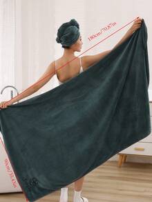 女士柔软吸水特大号浴巾（35.4英寸 x 70.9英寸）/ 浴帽（9.8英寸 x 25.6英寸） - 墨綠色刺繡2件套裝 - 查看 8