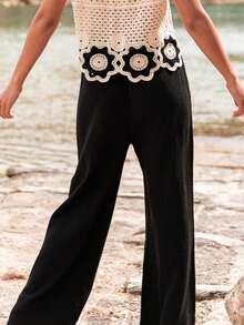 Pantalon évasé à taille élastique de couleur unie, vêtement d'intérieur élégant casual, bureau, campus, quotidien, vacances, nouveau style printemps/été/automne