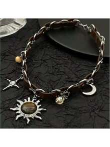 Meilade Star Moon Sun Pendant din piele Patchwork claviculă colier pentru femei la modă europeană și americană versatil minoritate dulce temperament gât