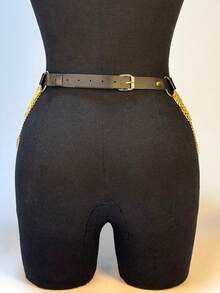 1件女士真皮腰链，金色链条，装饰配饰 - 黑色 - 查看 5