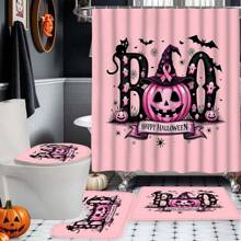 1/4-Stück Halloween einfaches rosafarbenes Kürbis Segen Duschvorhang-Set, rosa Kürbis Halloween Design, 100% Polyester Stoff Vorhang, wasserresistent & leicht zu reinigen, elegantes Einweihungsgeschenk, moderne Heimdekoration, inklusive Duschvorhang, Teppich und 12 Haken, perfekte Halloween Badezimmerdekoration