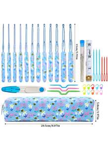 14/12/9 Stück/Set neue blaue Blumen Häkelnadeln aus weichem Material mit Zubehör und Aufbewahrungstasche, geeignet für DIY Strickprojekte wie Pullover, Schal, Socken, Handschuhe