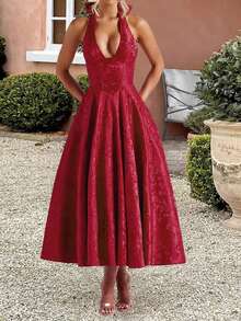 Women Jacquard Halter Dress Elegant Low Cut Sleeveless Open Back A-Line Long Dress For Evening Party Club - 酒紅色 - 查看 2