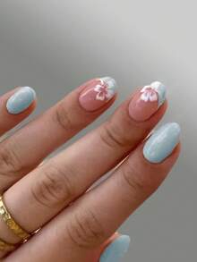 24pcs Oval Fuchsia Flower Nail Stickers, Light Blue French Style, Acrylic Material, Perfect Fit, Set Includes: 1pc Jelly Gel And 1pc Nail File, Easy To Wear Nails - Baby Blue - View 8