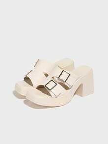 Women's Chunky Heel Peep Toe Slip-On Mule Sandals With Ankle Strap, Elegant Comfortable Breathable High Heel Sandals For Summer, Apricot Color - Apricot - View 5