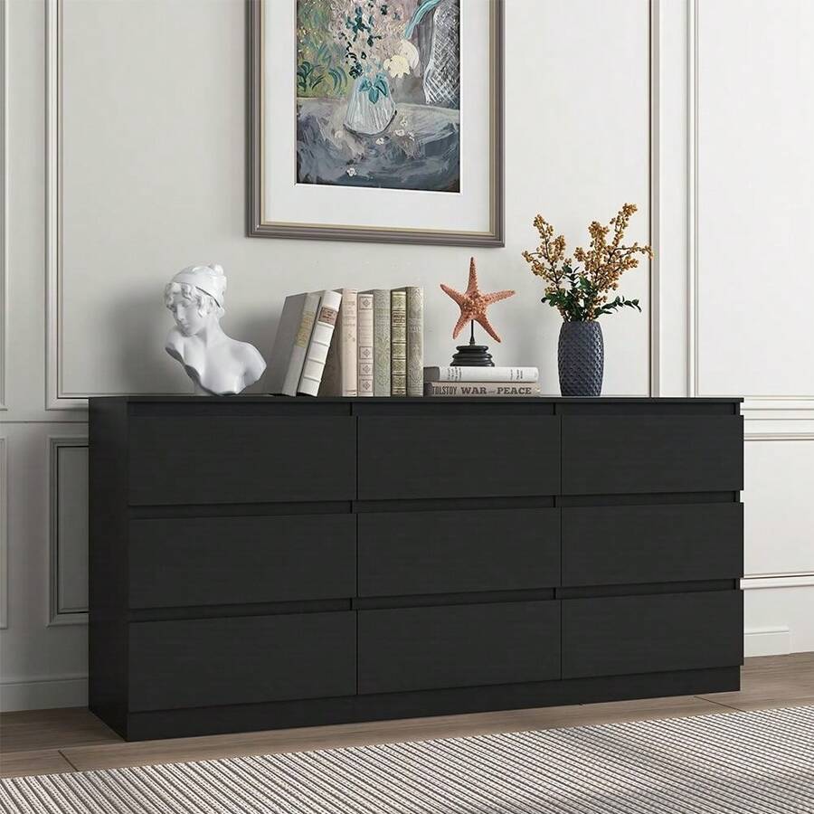 Dresser For Bedroom, 9 Drawer Chest Of Drawers, Long Storage Cabinet, For Living Room, Bedroom, TV Room, Entryway Furniture - 黑色 - 查看 1