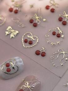 1pc 5D Metal Nail Art Sticker Exquisite Bow Cherry Nail Sticker Self Adhesive DIY Nail Accessories