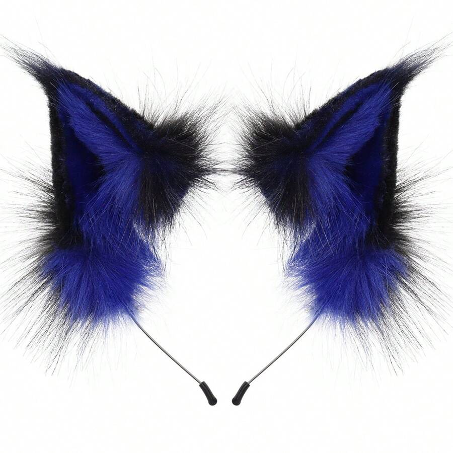 Fox Ear Hair Band For Women Cute Faux Fur Animal Hair Hoop Costume For Halloween Christmas, Party - 藍色 - 查看 1