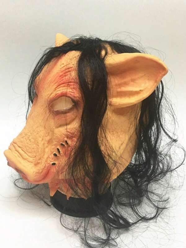 1pc Horror Pig Cosplay Prop With Hair, Pig Head Mask For Makeup, Masquerade Party, Holiday Decoration, Latex Rotten Pig Face Mask Halloween