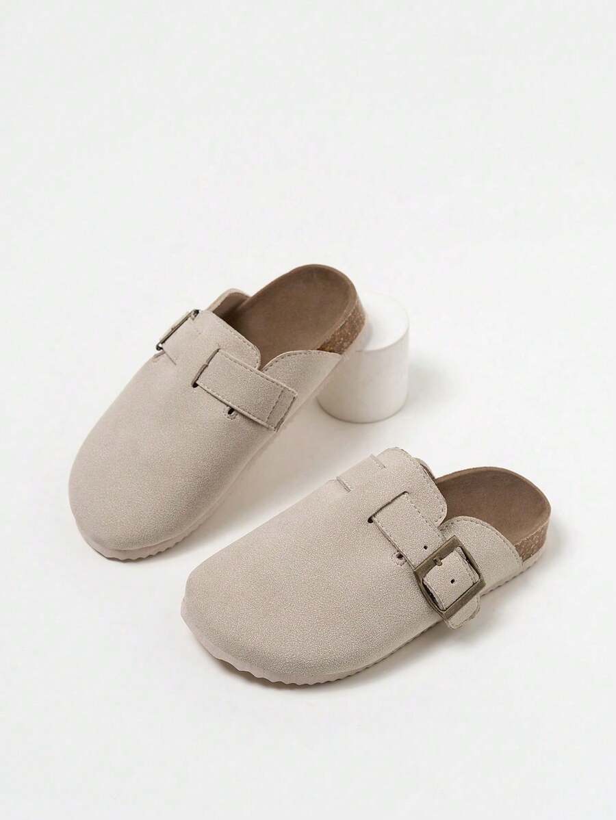 1 Pair Fashion Versatile Children's Mule Slippers, Metal Buckle Decor, Suede Material, Comfortable Non-Slip, Closed Toe Strap, Beige Flat Heel, Retro Casual, Suitable For Daily Wear