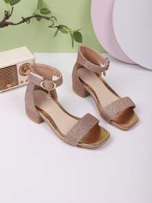 1 双粉色女童露趾公主亮片高跟凉鞋，时尚百搭