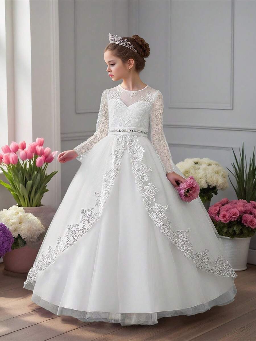 长袖蕾丝网纱优雅花童公主裙，适合举办派对和晚宴，不含头饰 - 白色 - 查看 1