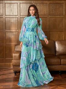 Faeriesty Druck elegantes Chiffonabendkleid mit Blumendrucken, hoher Kragen Glockenärmel - Geschichtetes Rüschenoberteil, perfekt für boho Gartenhochzeiten, vintage Braut-Bankette und rote Teppich Auftritte