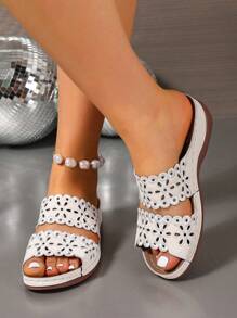 2025 Summer New Fashion Women Hollow Peep Toe Flat Slide Sandals, Casual Thick Sole Beach Slippers