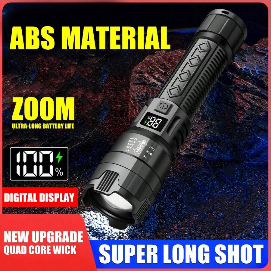 1PC Ultra-Bright LED Flashlight With Digital Display - USB Rechargeable, Extendable Torch For Outdoor Emergency Lighting