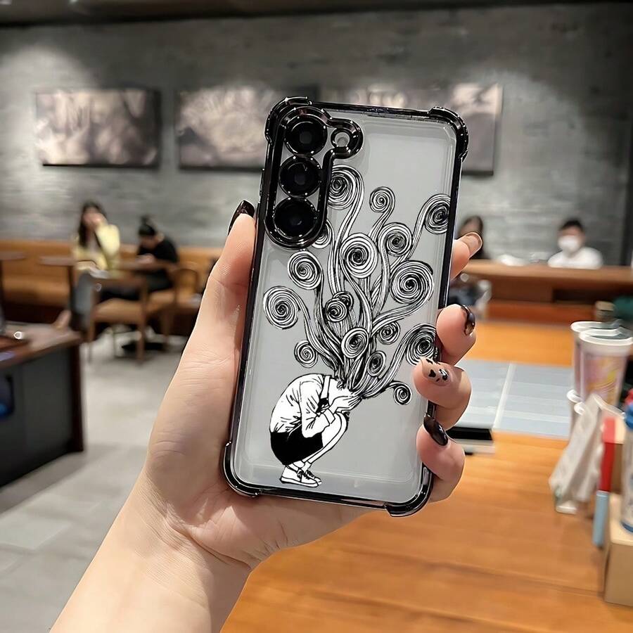 Funda de Teléfono de Manga de Horror Japonés con Chica de Pelo Rizado para Samsung S25 S24 S23 S22 S21 FE Ultra Plus 4G 5G, Resistente a Impactos, Transparente y Suave - Colores mixtos - Ver 1