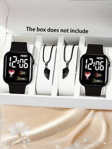 Set de 4 piezas - 2 relojes digitales cuadrados LED + 2 collares magnéticos en blanco y negro - Multicolor - Ver 3