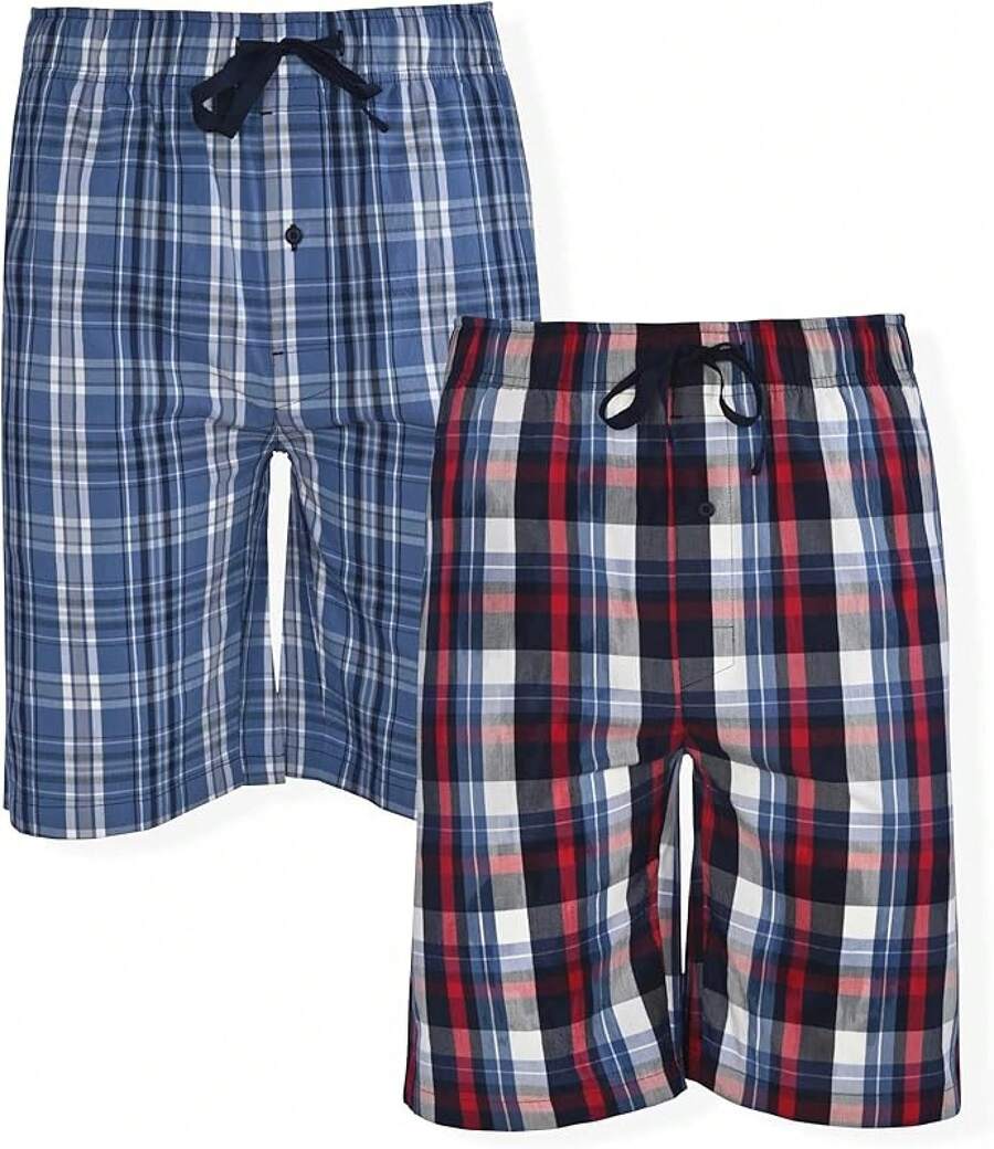 Mens 2 Pack Cotton Sleep Short,5 Inseam, Comfortable And Breathable, Assorted Colors - 紅/藍 - 查看 1