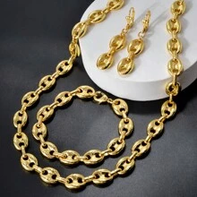 3pcs Personalized 18k Gold-Plated Copper Hip Hop Style Necklaces Bracelets Earrings Jewelry Sets Suitable For Women