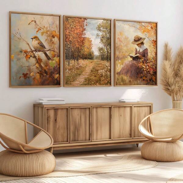 3 peças, sem moldura, mulher lendo livro, floresta, pássaro, árvore, paisagem, arte de parede, pintura a óleo, decoração de outono, pôsteres rústicos em tela, decoração de casa de fazenda de outono, decoração de parede, presentes ideais para sala de estar, quarto, cozinha, escritório em casa, café, bar, dormitório, corredor, decoração de casa e quarto