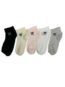 5 pares de calcetines de tobillo transpirables y que absorben la humedad con acento de lazo de estilo primavera/verano en colores aleatorios