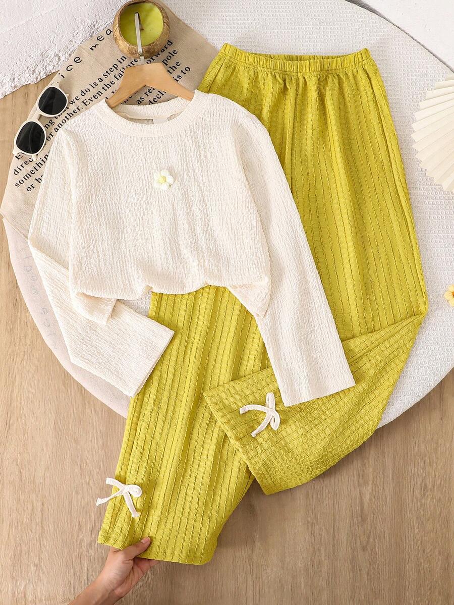 Left Mama Girls 3D Floral Textured Long Sleeve Top And Straight Leg Pants Set, Casual, Spring/Autumn