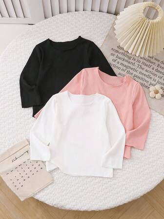 3 件套女婴休闲舒适罗纹圆领春秋轻便上衣，柔软舒适，适合居家穿着