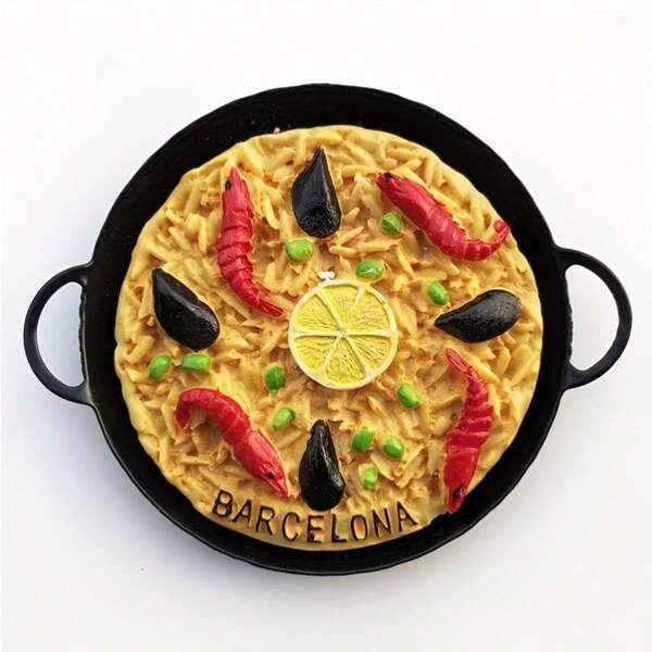 Barcelona, Hiszpania Pamiątkowy magnes na lodówkę z żelaznym garnkiem 3D z owocami morza i paellą, kreatywne rzemiosło podróżnicze